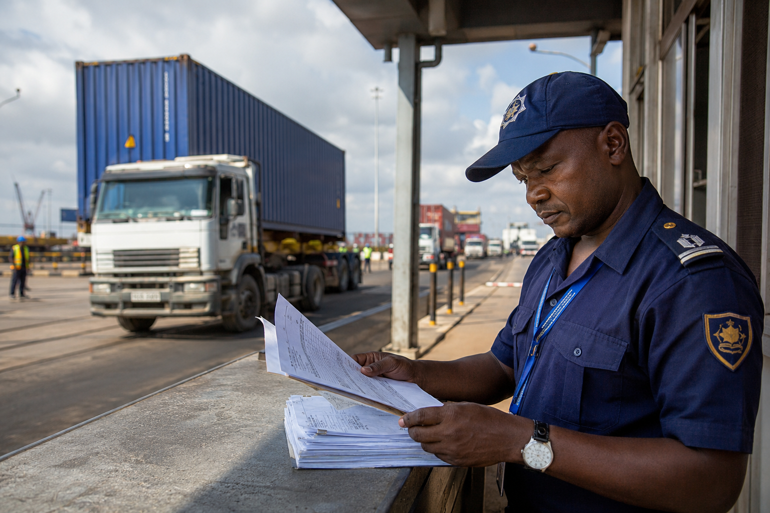 Customs officer reviewing documentation at Dar es Salaam port